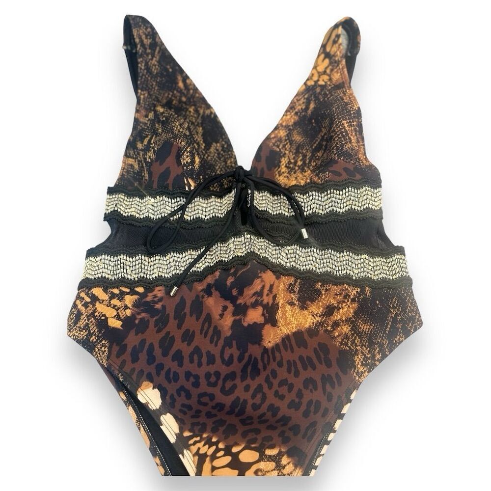River Island - Womens Brown Animal Print Plunge One Piece Swimsuit - Picture 10 of 11